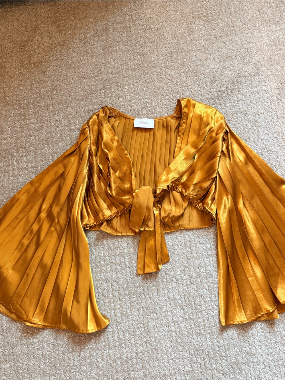 Golden Yellow Pleated Cropped Tie-Front Blouse
